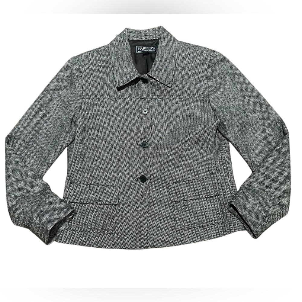 Vintage Harold’s Black and White Herringbone Wool Blend Short Jacket Women’s 8